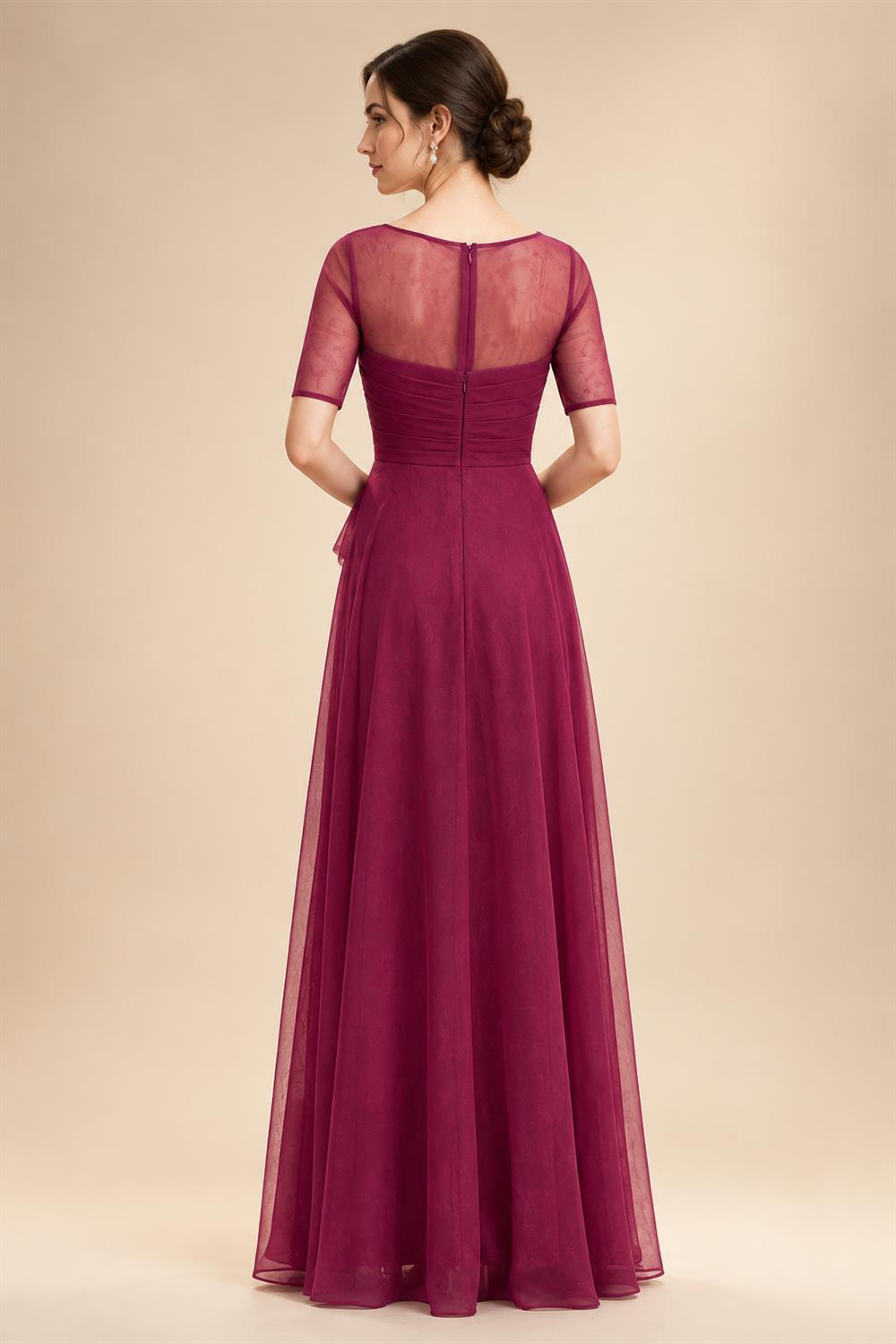 Cape Sleeve Jacquard Satin Ruched Mother of the Bride Dresses (SHI22500526)