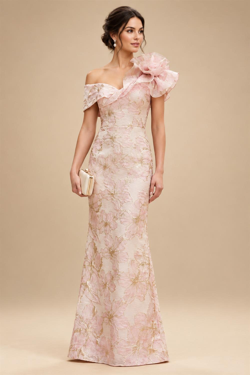 Sheath Floral Jacquard Off Shoulder Mother of the Bride & Groom Dresses with Flower (SHI22500777)