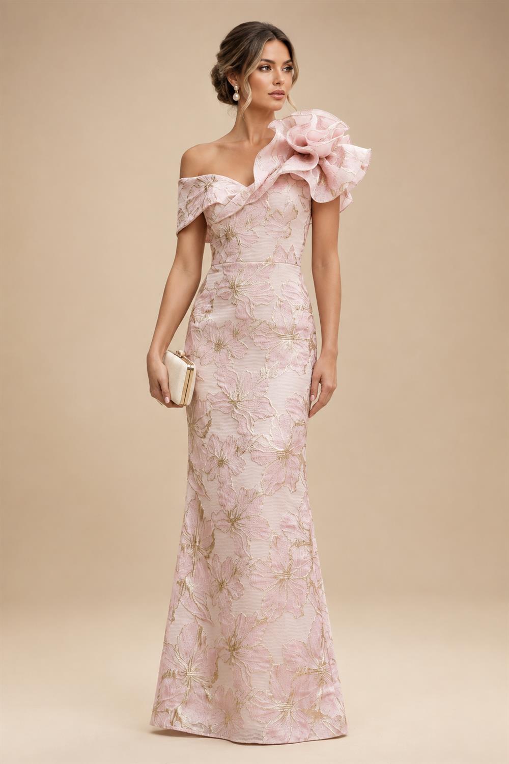 Sheath Floral Jacquard Off Shoulder Mother of the Bride & Groom Dresses with Flower (SHI22500777)