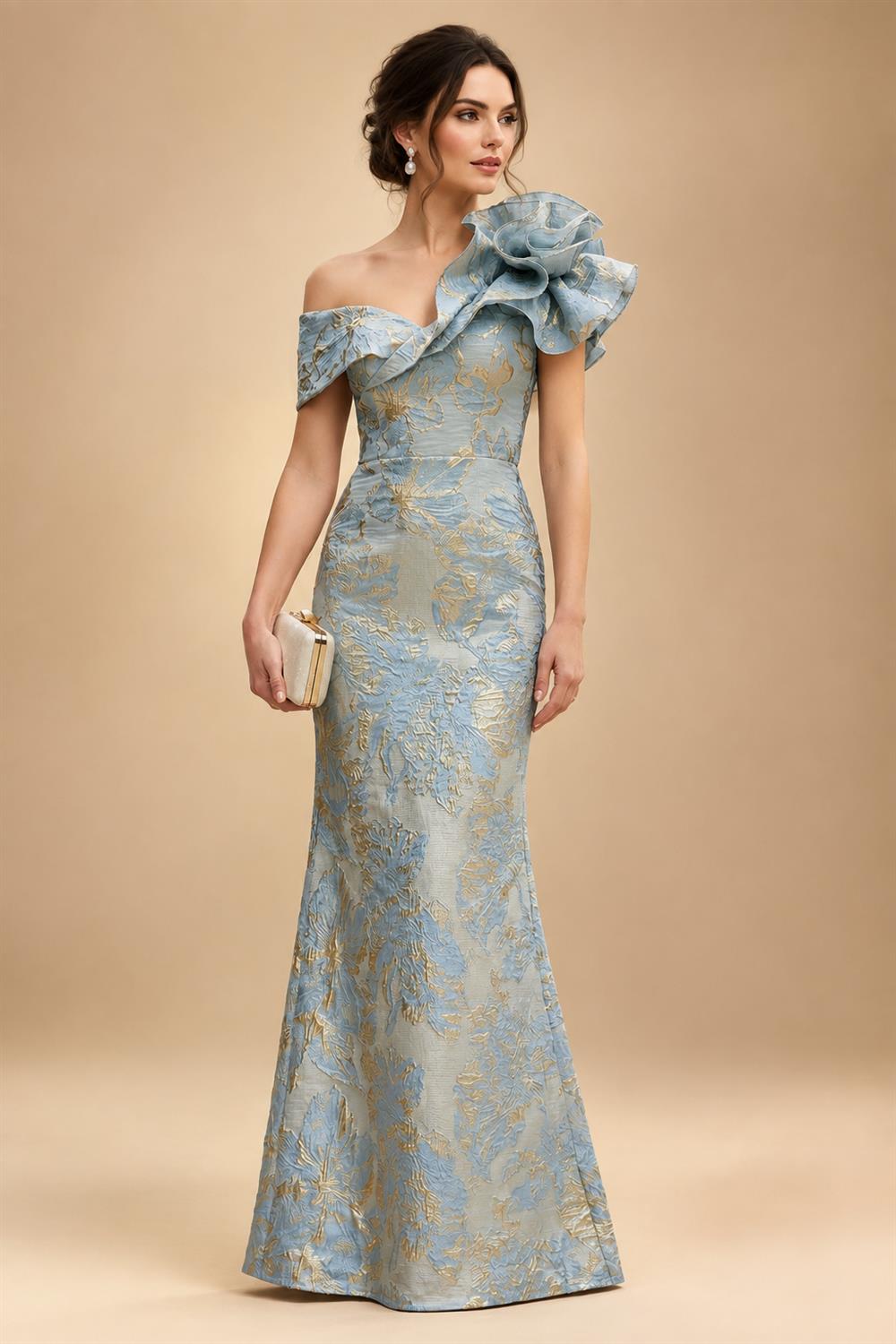 Sheath Floral Jacquard Off Shoulder Mother of the Bride & Groom Dresses with Flower (SHI22500777)