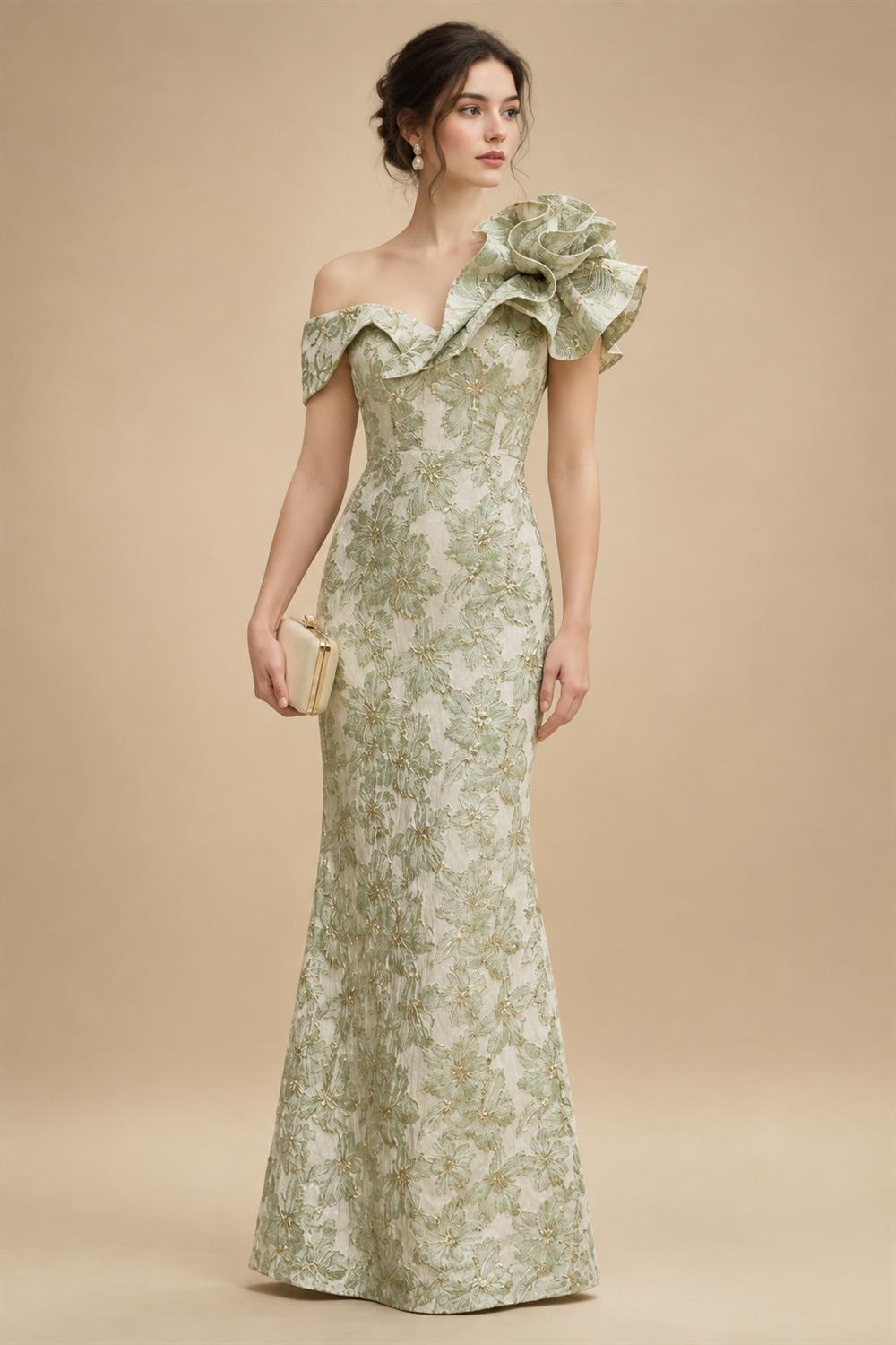 Sheath Floral Jacquard Off Shoulder Mother of the Bride & Groom Dresses with Flower (SHI22500777)