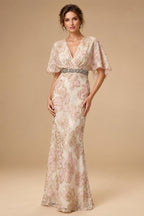 Jacquard Sheath/Column 3/4 Sleeves Floor-Length Mother of the Bride & Groom Dresses with Ruched Waist & Rhinestones (SHI22500801)