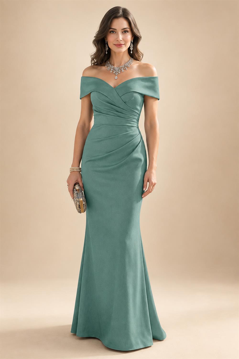 Sheath Silk Off Shoulder Ruched Maxi Mother of the Bride & Groom Dresses (SHI22500808)