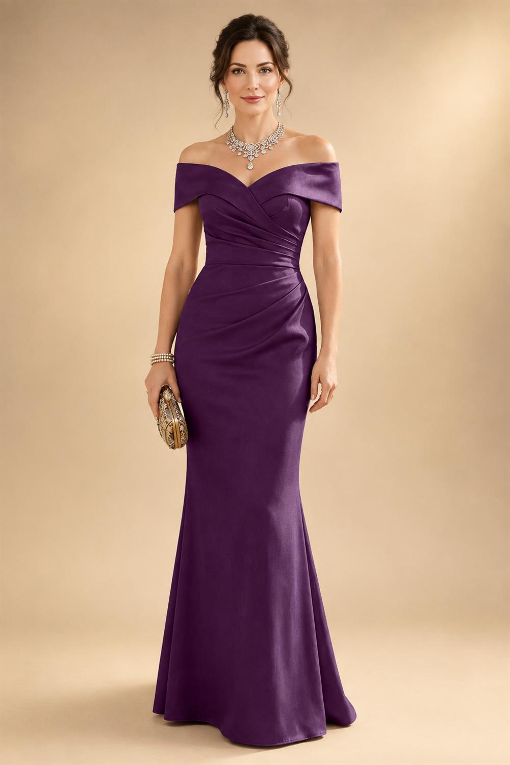 Sheath Silk Off Shoulder Ruched Maxi Mother of the Bride & Groom Dresses (SHI22500808)