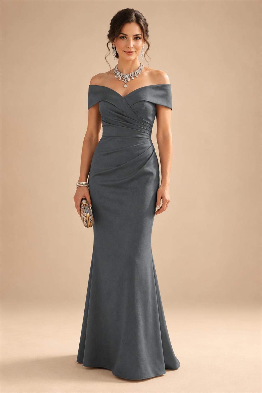 Sheath Silk Off Shoulder Ruched Maxi Mother of the Bride & Groom Dresses (SHI22500808)
