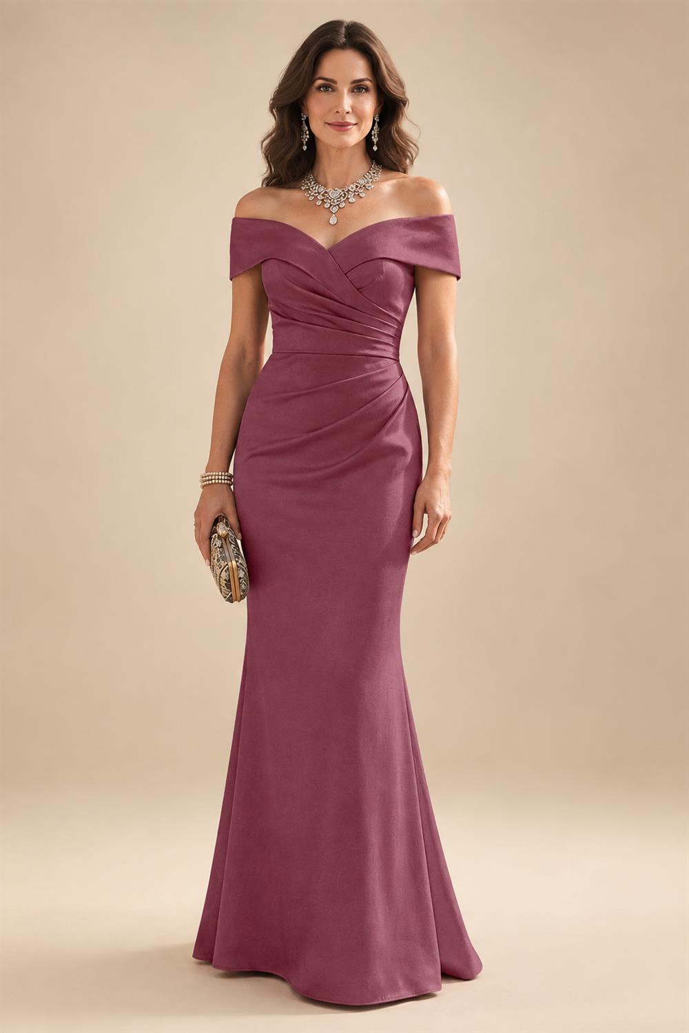 Sheath Silk Off Shoulder Ruched Maxi Mother of the Bride & Groom Dresses (SHI22500808)