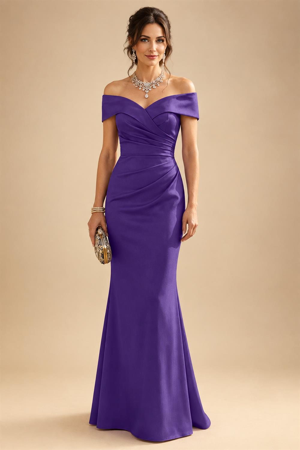 Sheath Silk Off Shoulder Ruched Maxi Mother of the Bride & Groom Dresses (SHI22500808)