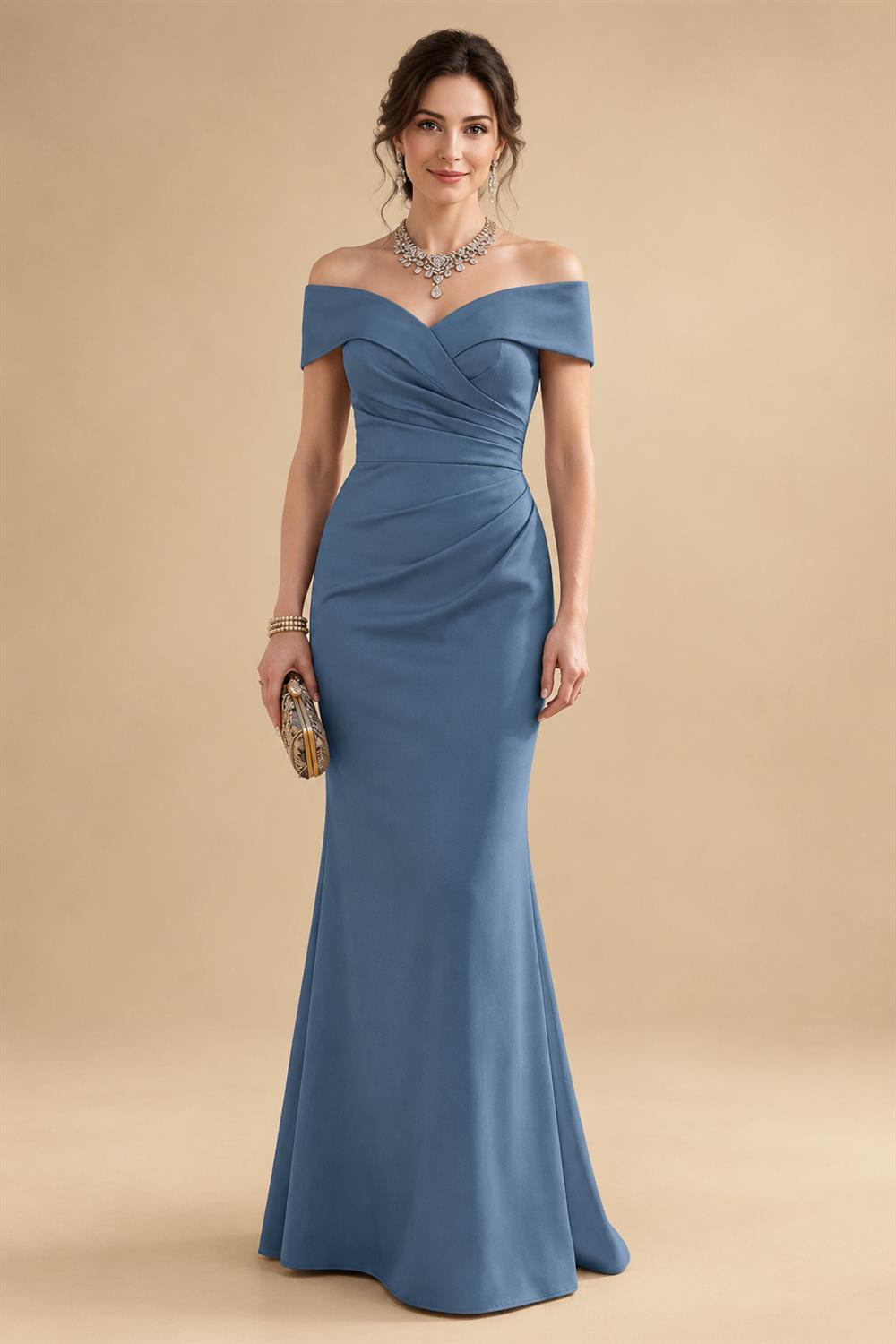 Sheath Silk Off Shoulder Ruched Maxi Mother of the Bride & Groom Dresses (SHI22500808)