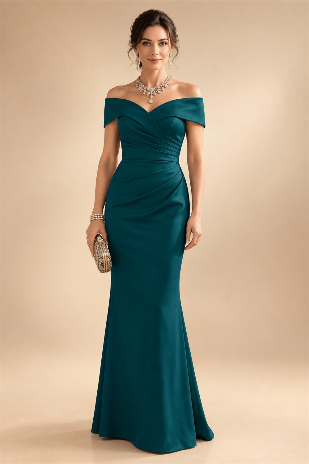 Sheath Silk Off Shoulder Ruched Maxi Mother of the Bride & Groom Dresses (SHI22500808)