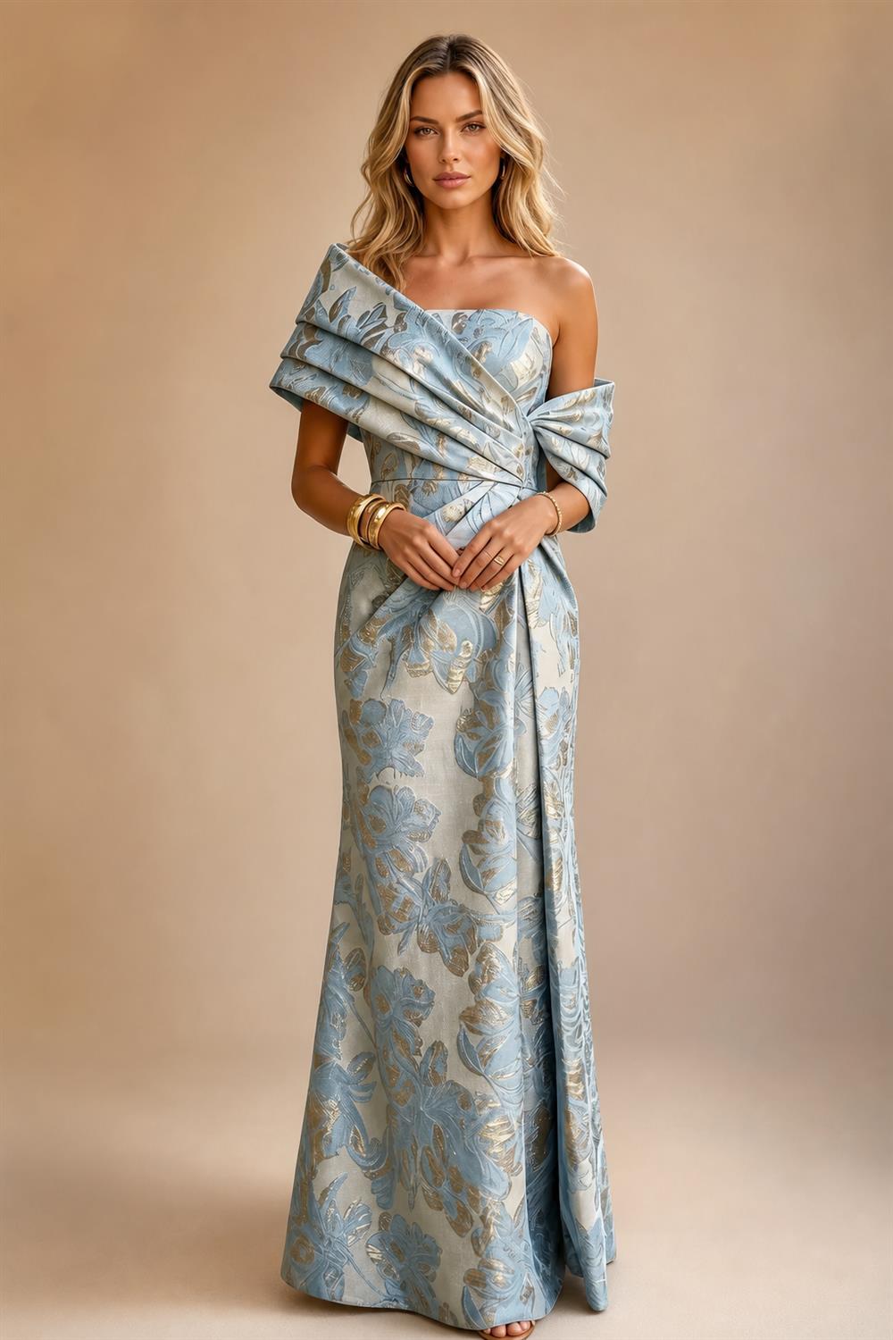 Sheath Satin Jacquard Off Shoulder Floor-Length Mother of the Bride & Groom Dresses (SHI22500823)