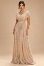 Sequin Floral A-Line/Princess V-Neck Floor-Length Mother of the Bride & Groom Dresses with 3D Flowers & Pleats (SHI22501348)