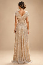 Sequin Floral A-Line/Princess V-Neck Floor-Length Mother of the Bride & Groom Dresses with 3D Flowers & Pleats (SHI22501348)