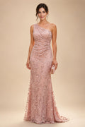 Lace Sheath/Column One Shoulder Floor-Length Mother of the Bride & Groom Dresses with Ruched Waist (SHI22500892)