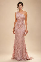 Lace Sheath/Column One Shoulder Floor-Length Mother of the Bride & Groom Dresses with Ruched Waist (SHI22500892)