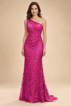 Lace Sheath/Column One Shoulder Floor-Length Mother of the Bride & Groom Dresses with Ruched Waist (SHI22500892)