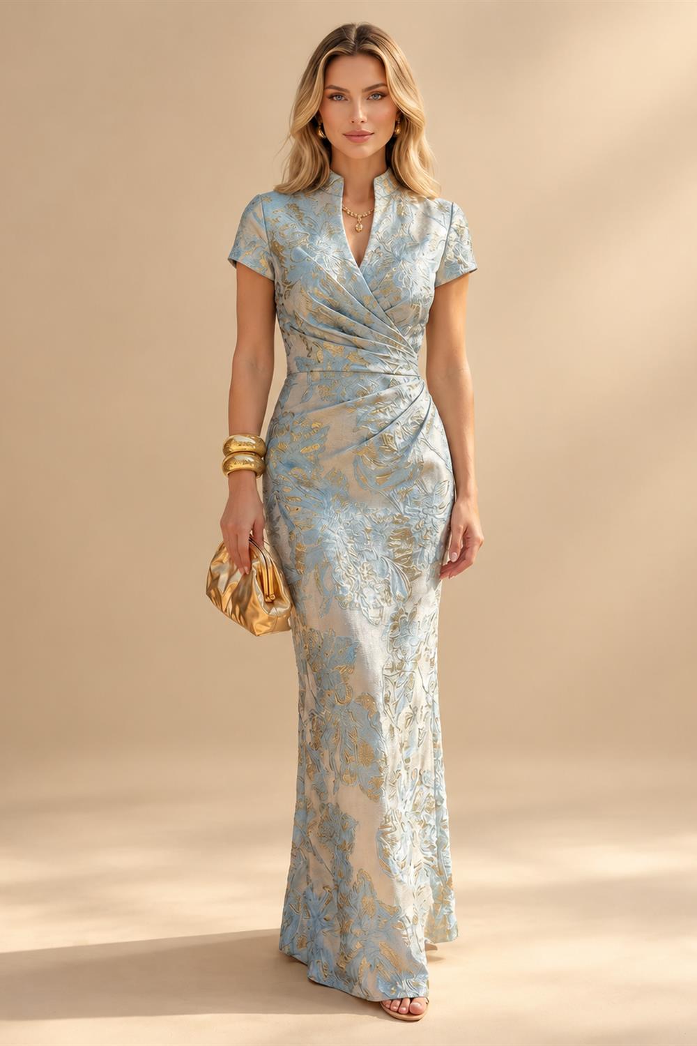 Jacquard Sheath/Column V-Neck Floor-Length Mother of the Bride & Groom Dresses with Ruffles & Ruched Waist (SHI22501058)