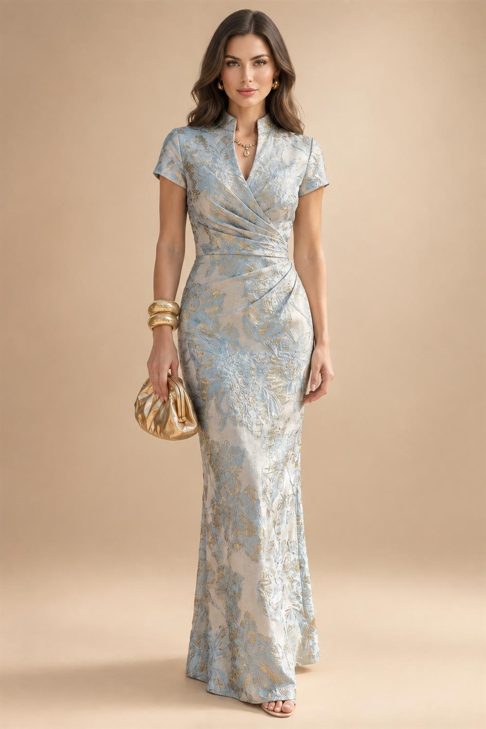Jacquard Sheath/Column V-Neck Floor-Length Mother of the Bride & Groom Dresses with Ruched Waist (SHIB22500907)