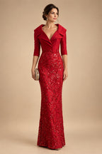 Sheath/Column Scoop Neck Lace Appliques Maxi Mother of the Bride & Groom Dresses with Ruched Waist & Sequin (SHI22501632)