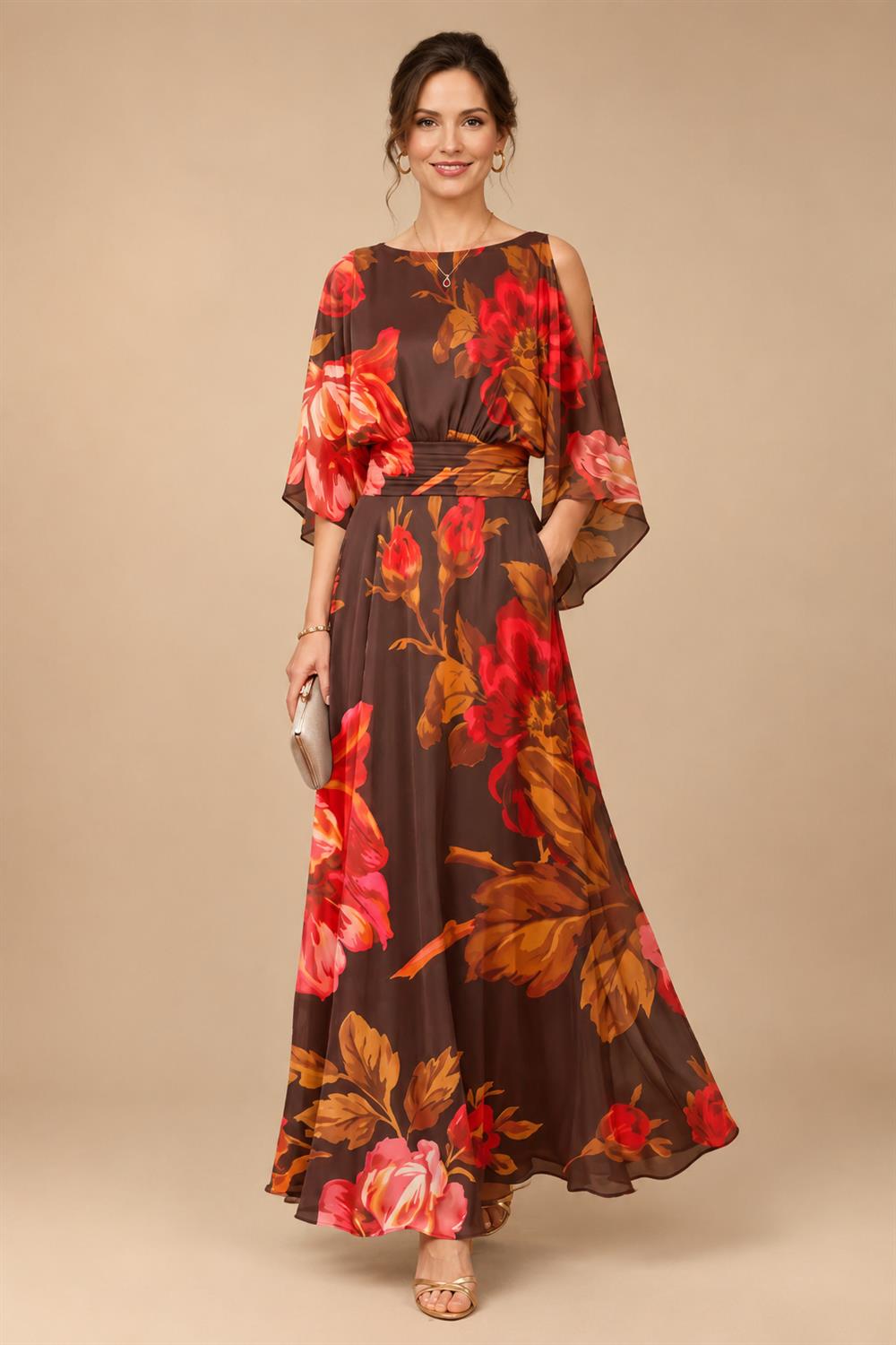 Floral Print A-Line/Princess Scoop Neck Tea-Length Mother of the Bride & Groom Dresses with Tiered Layers & Ruched Waist (SHI22501120)