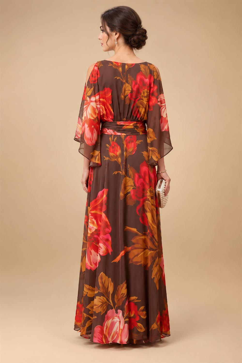 Floral Print A-Line/Princess Scoop Neck Tea-Length Mother of the Bride & Groom Dresses with Tiered Layers & Ruched Waist (SHI22501120)