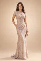 Sheath/Column Lace Appliques Maxi Mother of the Bride & Groom Dresses with Ruched Waist & Satin Bodice (SHI22501596)