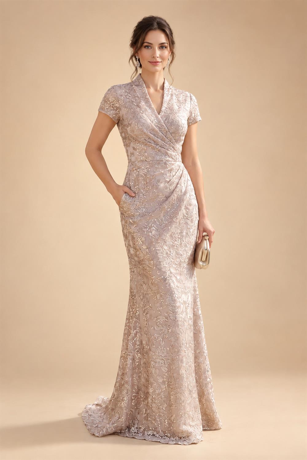 Sequin Floral Sheath/Column V-Neck Floor-Length Mother of the Bride & Groom Dresses with Ruched Waist (SHI22501219)