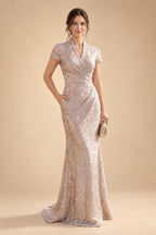 Sequin Floral Sheath/Column V-Neck Floor-Length Mother of the Bride & Groom Dresses with Ruched Waist (SHI22501219)