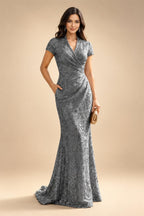 Sequin Floral Sheath/Column V-Neck Floor-Length Mother of the Bride & Groom Dresses with Ruched Waist (SHI22500972)