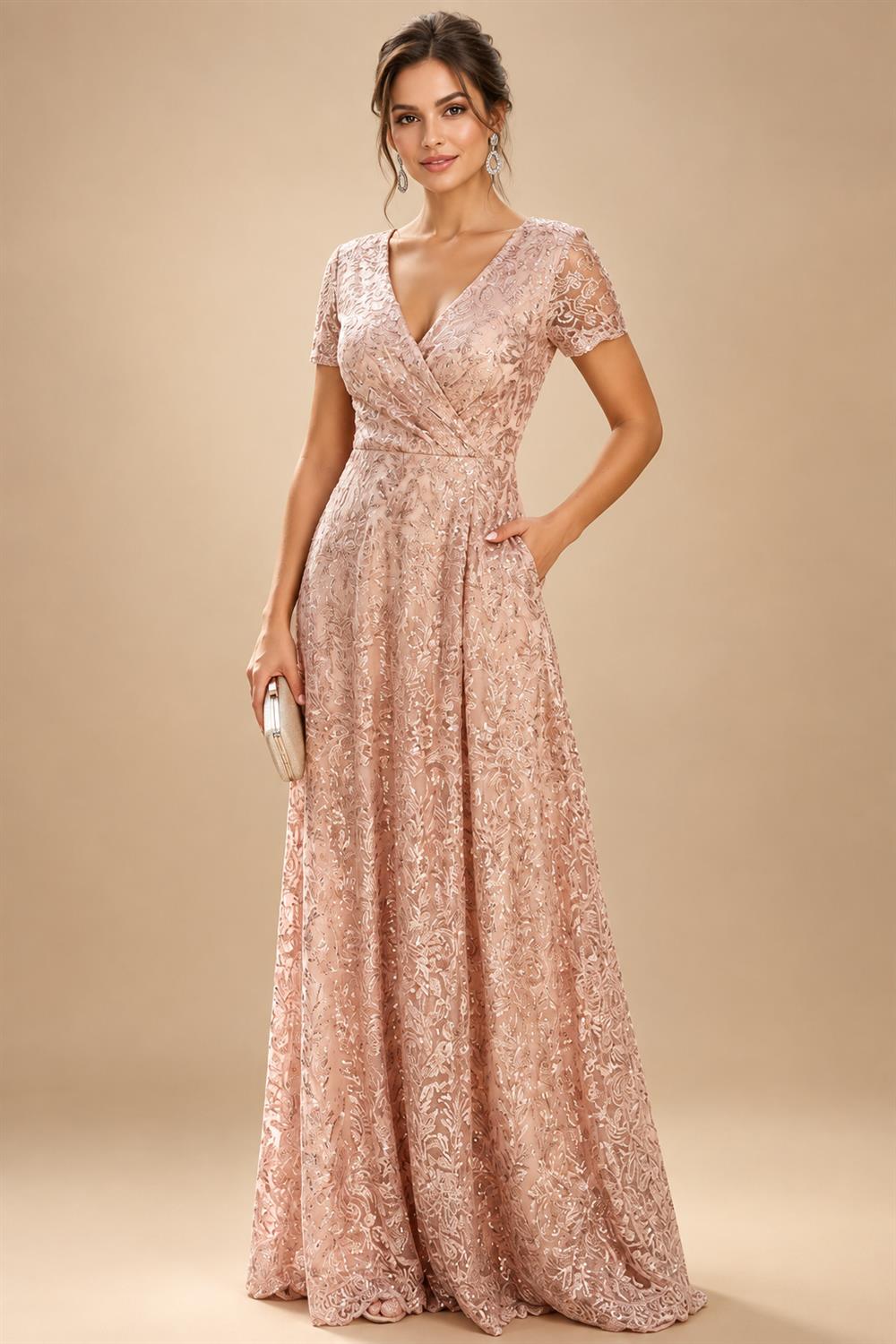 Sequin Floral A-Line/Princess V-Neck Floor-Length Mother of the Bride & Groom Dresses with 3D Flowers & Pleats (SHI22501348)