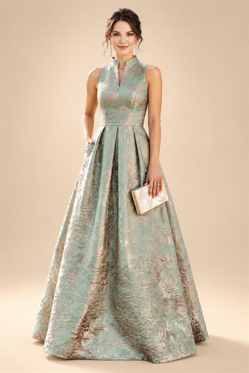 Jacquard A-Line/Princess V-Neck Floor-Length Mother of the Bride & Groom Dresses with Ruched Waist & Pockets (SHI22500984)