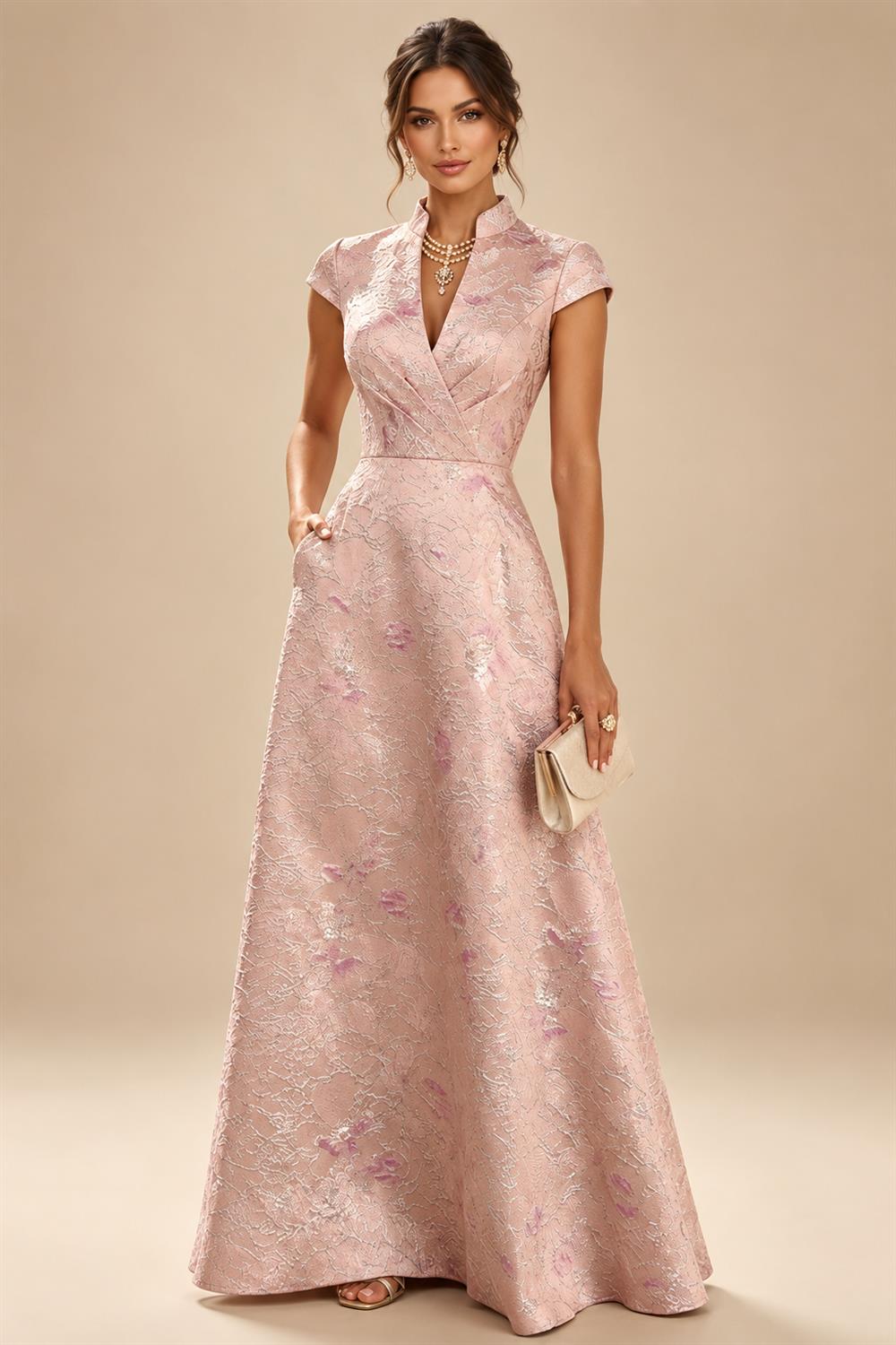 Sheath/Column V-Neck Jacquard Maxi Mother of the Bride & Groom Dresses with Ruffles & Slit (SHI25001047)