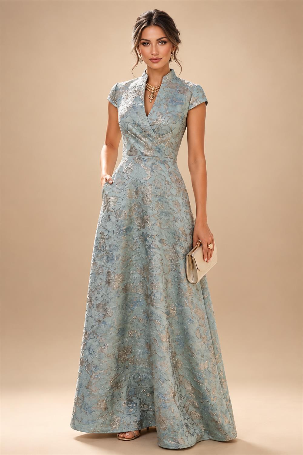 Jacquard A-Line/Princess V-Neck Floor-Length Mother of the Bride & Groom Dresses with Pockets (SHI22500987)