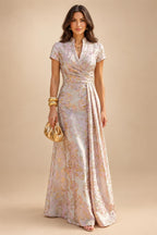 A Line/Princess Stand Collar Short Sleeve Long Elegant Mother of the Bride Dresses (SHI22500207)