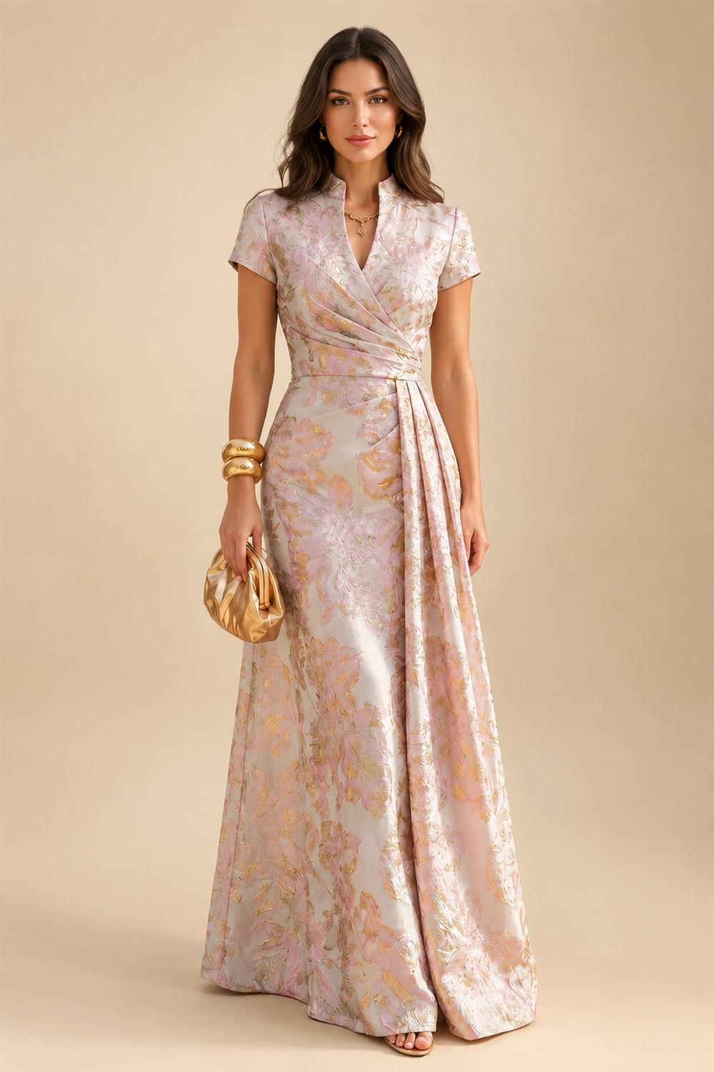 Cape Sleeve Jacquard Satin Ruched Mother of the Bride Dresses 2 Piece (SHI22500528)