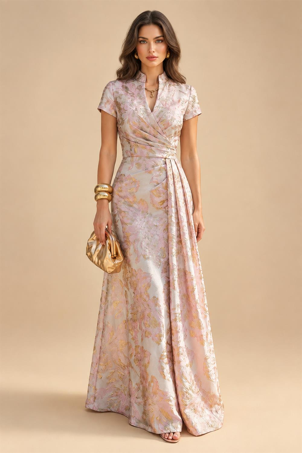 A-Line Floral Jacquard Floor-Length Mother of the Bride & Groom Dresses with V-Neck, Cap Sleeves (SHI22500480)