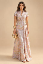 A-Line Floral Jacquard Floor-Length Mother of the Bride & Groom Dresses with V-Neck, Cap Sleeves (SHI22500480)