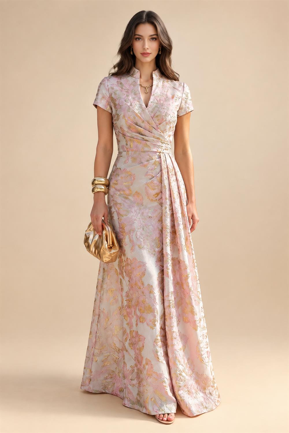Jacquard Sheath/Column V-Neck Floor-Length Mother of the Bride & Groom Dresses with Ruffles & Ruched Waist (SHI22501060)