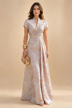 A-Line/Princess V-Neck Chiffon Maxi Mother of the Bride & Groom Dresses with Lace Appliques, Sweep Train & Bow (SHI22501641)