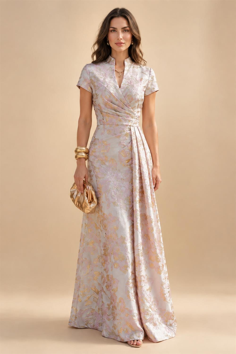 A-Line/Princess V-Neck Chiffon Maxi Mother of the Bride & Groom Dresses with Lace Appliques, Sweep Train & Bow (SHI22501641)