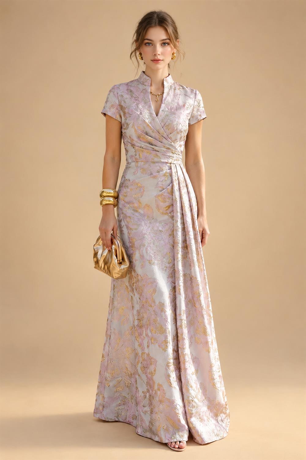 Sheath Chiffon Floral Print Cape Sleeves Mother of the Bride & Groom Dresses for Formal Wedding (SHI22500682)