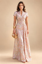 A-Line/Princess V-Neck Satin Floor-Length Mother of the Bride & Groom Dresses with?Jacquard Bolero?Jacket & Pleats (SHI22501695)