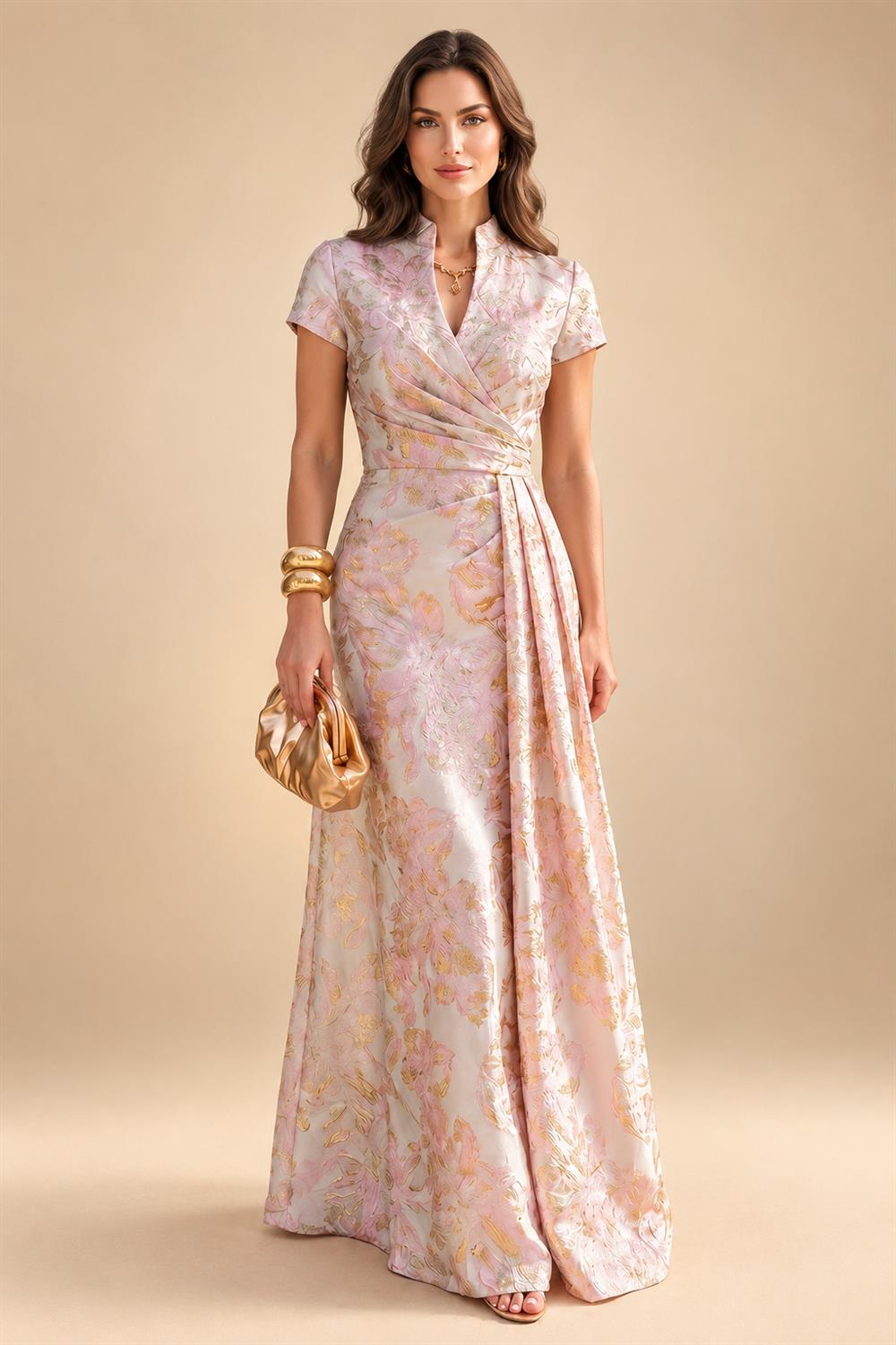 A-Line/Princess V-Neck Satin Floor-Length Mother of the Bride & Groom Dresses with?Jacquard Bolero?Jacket & Pleats (SHI22501695)