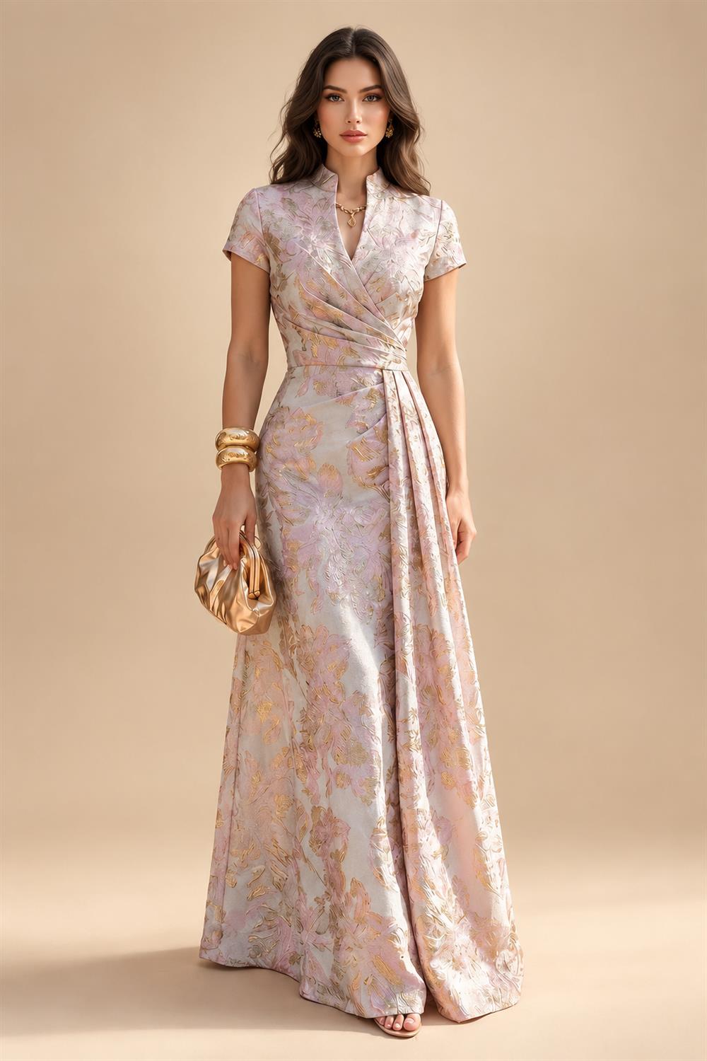 Floral Print A-Line/Princess Scoop Neck Tea-Length Mother of the Bride & Groom Dresses with Tiered Layers & Ruched Waist (SHI22501120)