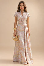 A-Line Metallic Satin Off Shoulder Bow Mother of the Bride & Groom Dresses with Floral Lace Appliques, Ruched Waist & Sweep Train (SHI22500425)
