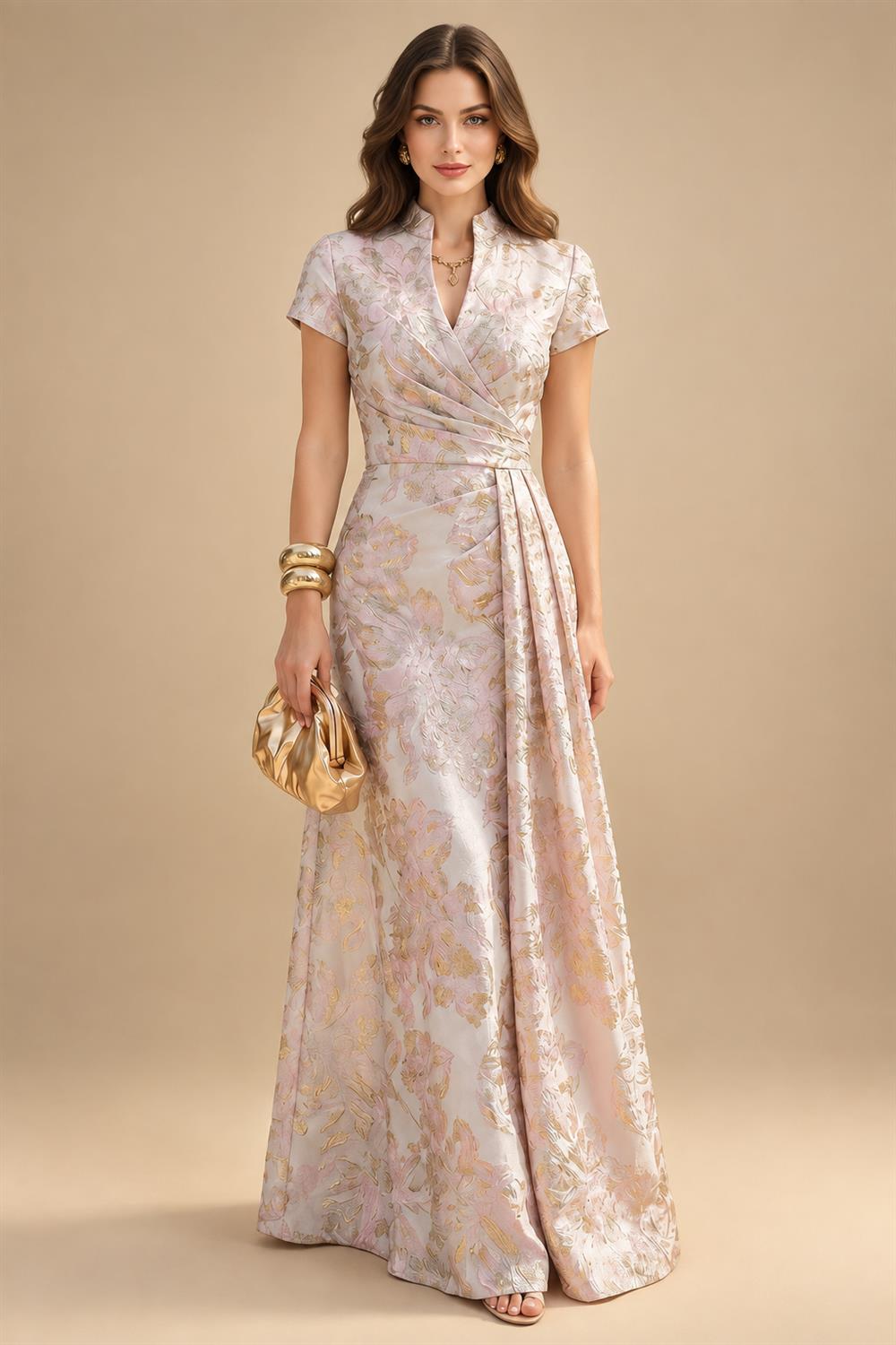 Cape Sleeve Jacquard Satin Ruched Mother of the Bride Dresses (SHI22500526)