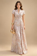 Cape Sleeve Jacquard Satin Ruched Mother of the Bride Dresses (SHI22500526)