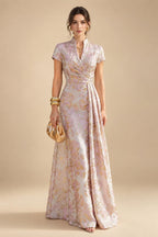 Jacquard Sheath/Column V-Neck Floor-Length Mother of the Bride & Groom Dresses with Ruffles & Ruched Waist (SHI22501058)