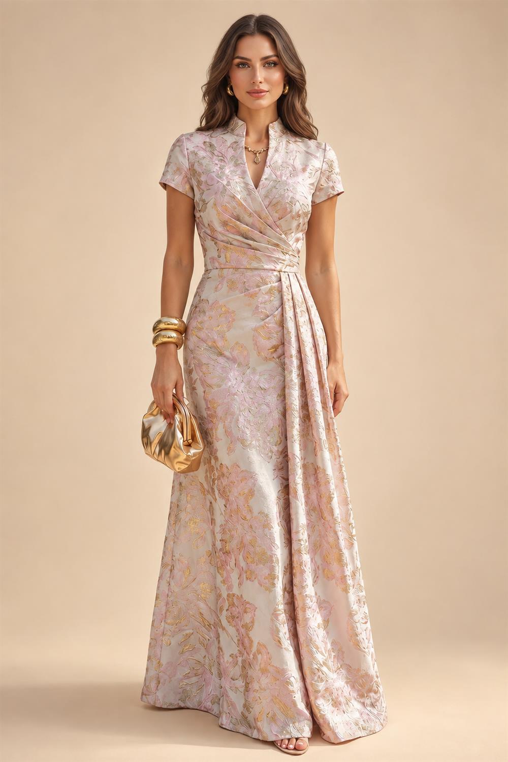 Jacquard Sheath/Column V-Neck Tea-Length Mother of the Bride & Groom Dresses for Women (SHI22501292)