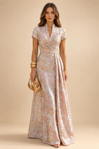 Cape Sleeve Floral Jacquard Satin Tea-Length Ruched Mother of the Bride Dresses 2 Piece (SHIA22500528)
