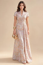 Cape Sleeve Floral Jacquard Satin Tea-Length Ruched Mother of the Bride Dresses 2 Piece (SHIA22500528)